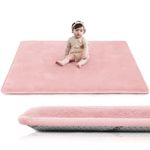 Huloo Sleep Baby Play Mat for Floor,1.3" Thick Elasti-Foam 50"×50" Playpen Mat for Tummy Time,Water Repellent Soft Coral Velvet for Toddler,Infant,Kids,Non-Slip Backing Safe for Crawling(Pink) | Amazon (US)