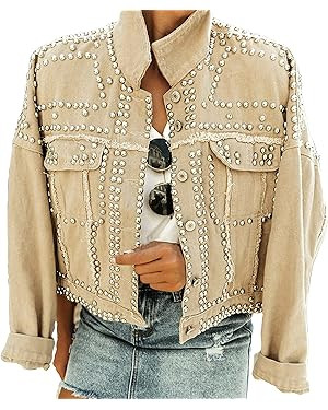 APAFES Women's Fashion Crop Fringe Denim Jacket Distressed Western Studded Black Trucker Jacket | Amazon (US)