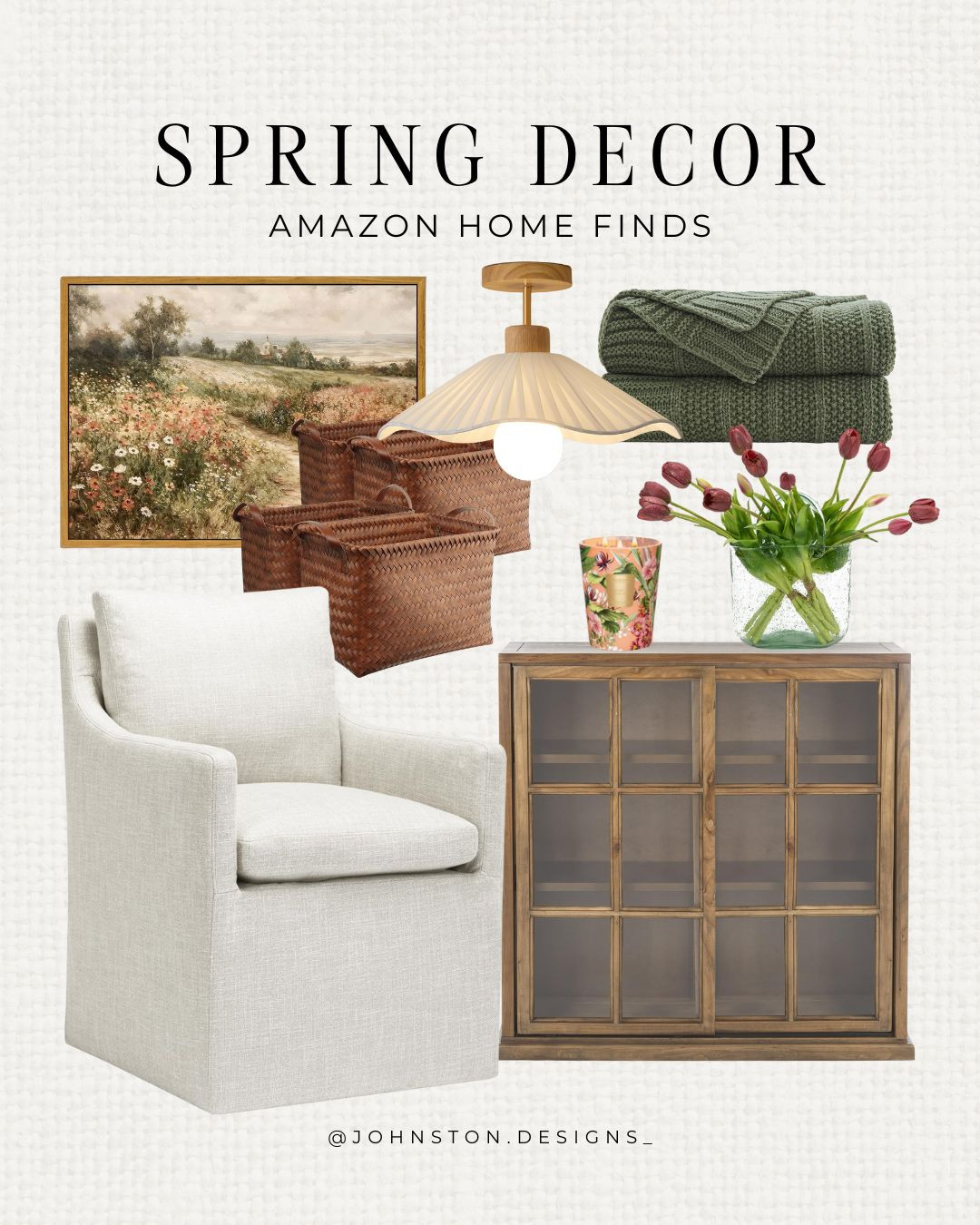 Amazon spring decor refresh 🌷 Cozy textures, warm wood tones and timeless accents to lighten up your home for the season.


Amazon home, spring decor, living room refresh, cozy chair, wood cabinet, glass front storage, woven baskets, landscape wall art, tulip arrangement, decorative candle, knit throw, pleated lamp, cottage style, modern traditional, affordable update, designer look, neutral palette, vintage inspired, home styling, budget finds. 

 #LTKSeasonal #LTKHome