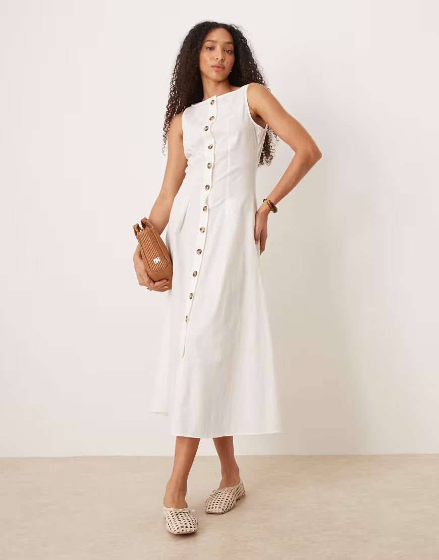 ASOS DESIGN – Midi-Westenkleid in Weiß mit Knopfleiste und U-Boot-Ausschnitt | ASOS (Global)