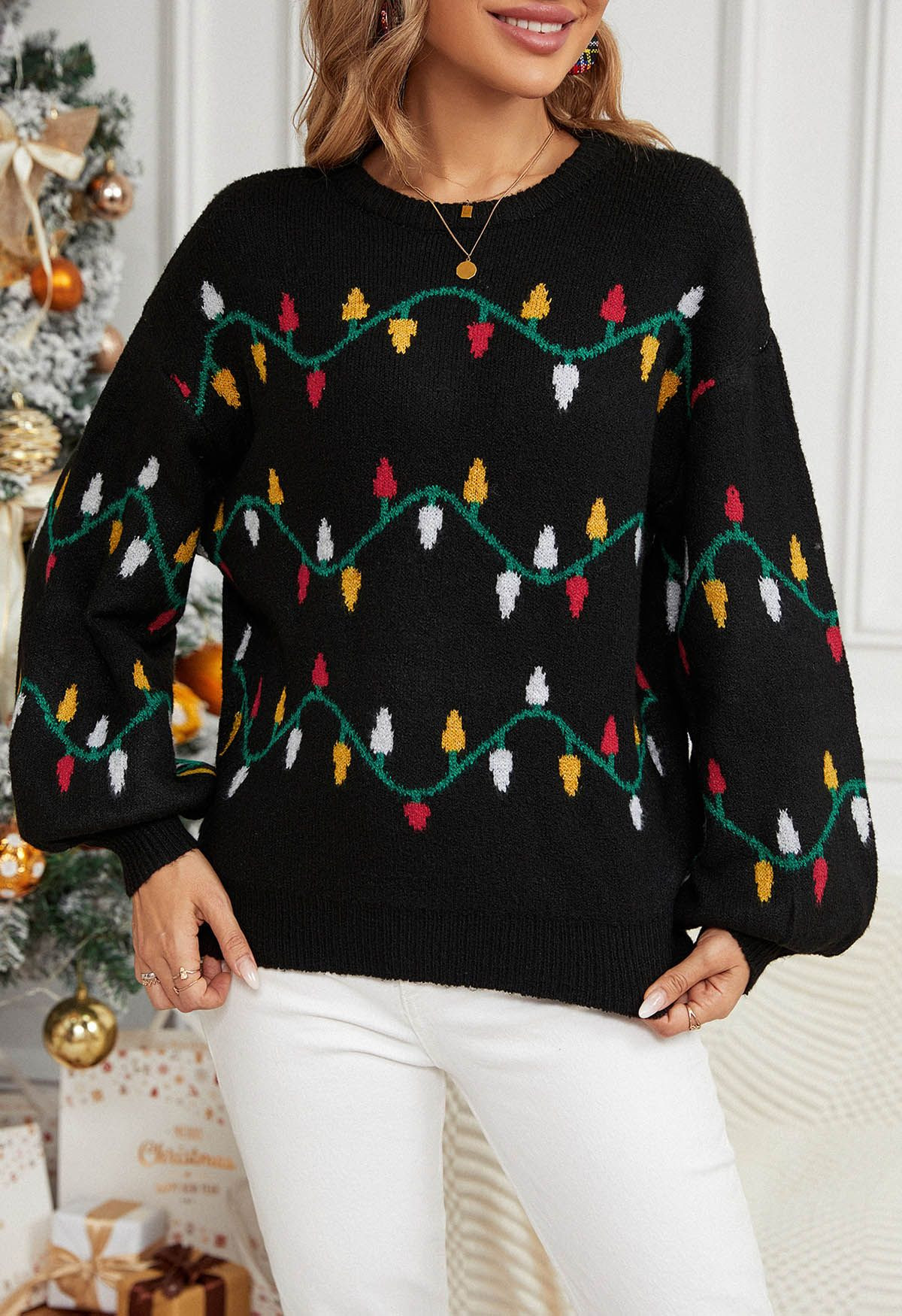 Christmas Colorful Light Pattern Knit Sweater | Chicwish