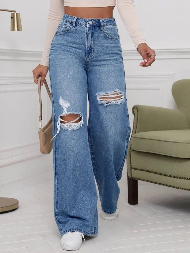 SHEIN EZwear High Waist Ripped Wide Leg Jeans | SHEIN