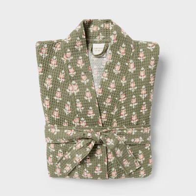 S/M Floral Waffle Bath Robe Green/Pink - Threshold™ | Target