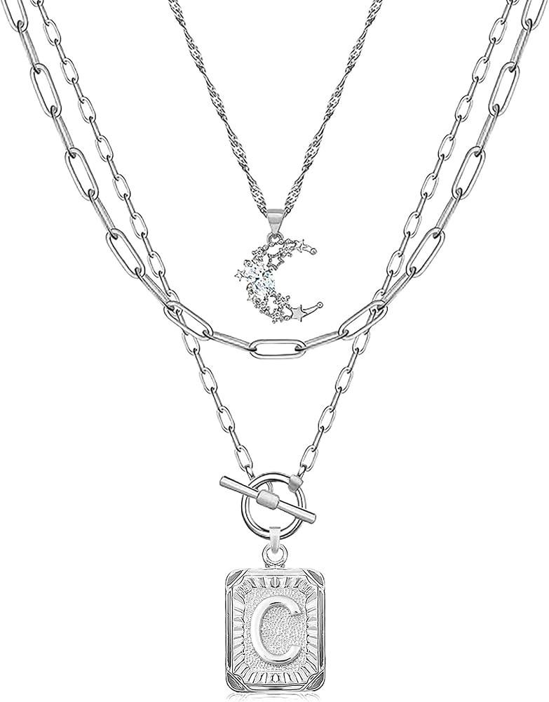 MJartoria Layered Initial Necklaces for Women Trendy, 14K Gold Plated Brass Simple Moon Choker Sq... | Amazon (US)
