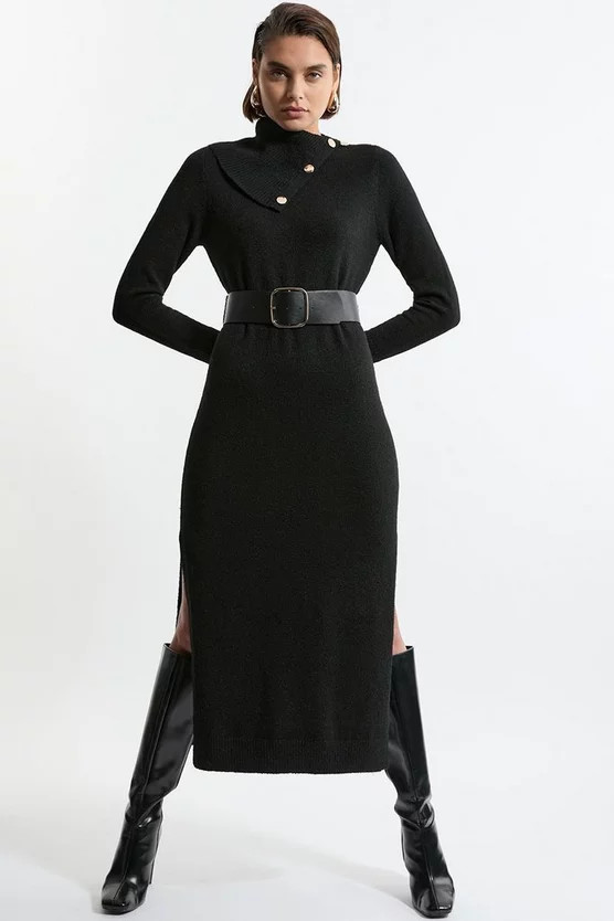 Wool Blend Cosy Envelope Belted Knit Maxi Dress | Karen Millen US