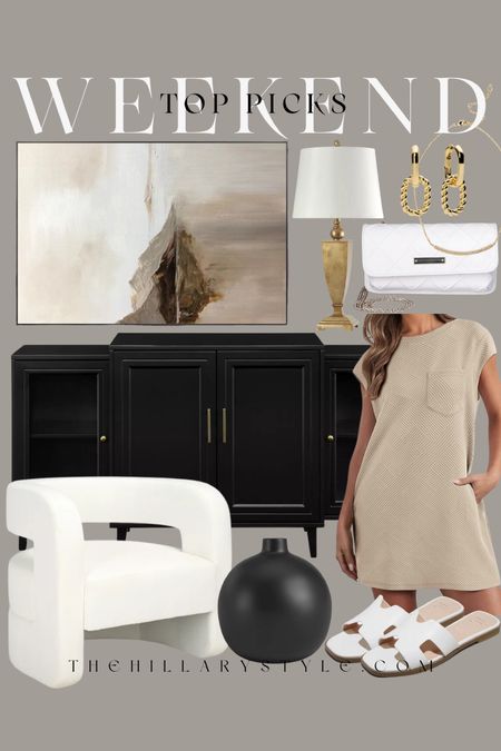 My Weekend Top Picks Fashion & Home: furniture and clothing from Wayfair, Target, Walmart, Amazon. Sideboard, wall art, accent chair, vase, lamp, summer dress, sandal, purse, accessories.

#LTKSeasonal #LTKStyleTip #LTKHome