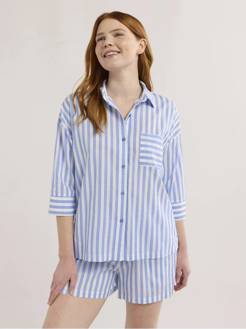 Joyspun Women’s Woven ¾ Sleeve Notch Collar Top and Boxer Shorts Pajama Set, Sizes XS-3X | Walmart (US)