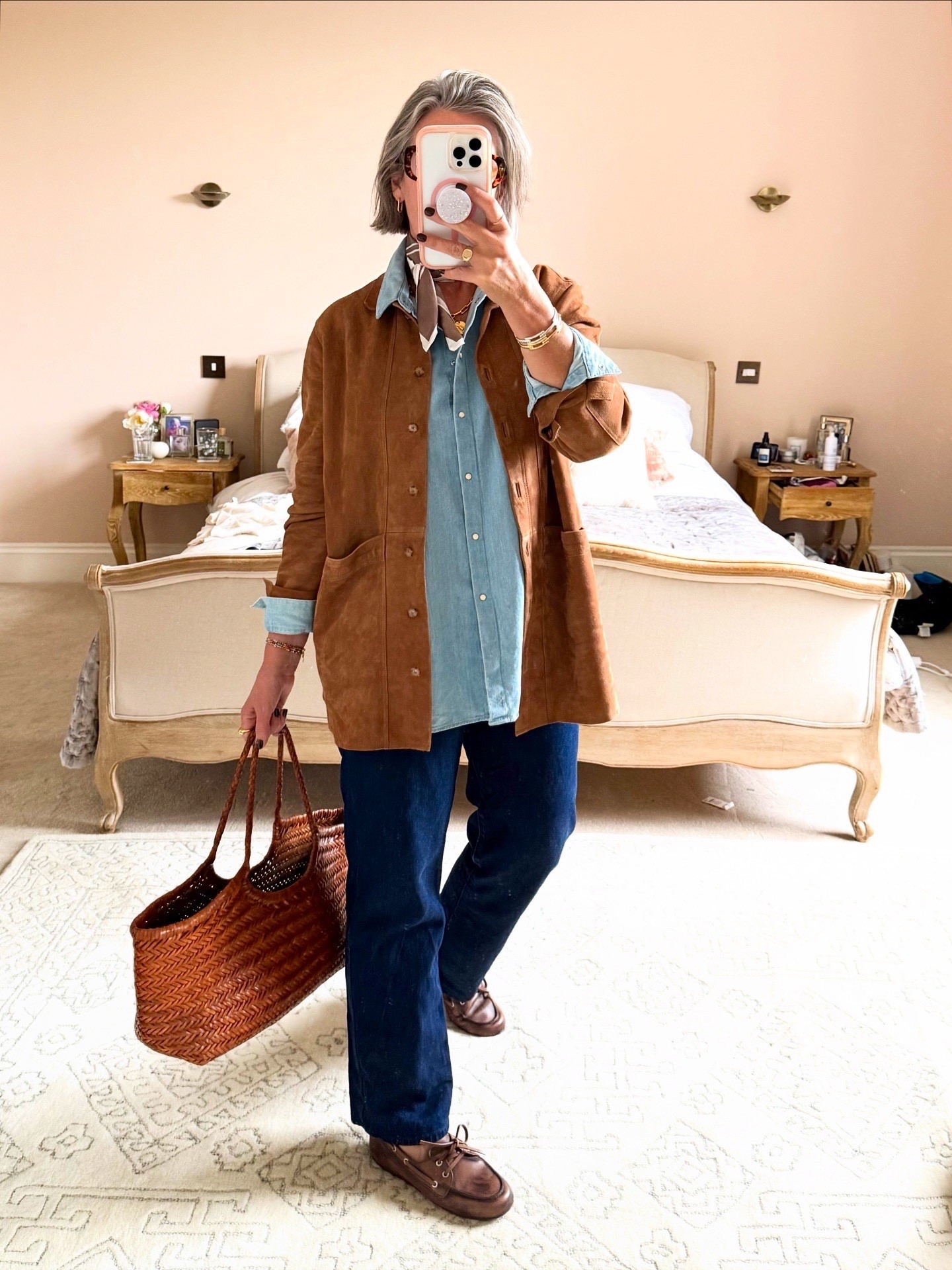 A fave Autumn look
Sezane jacket size large 
denim shirt size 12
Jeans waist 30 length 31


#LTKmidsize #LTKover50style #LTKautumn