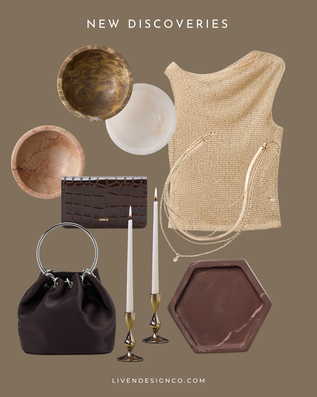 New discoveries. Home decor. Style. Shimmer sweater. Mango. Handbag with metal handle. Layered chain hold necklaces. Lurex sweater. Stone coasters. Hexagon coasters. Mcgee and Co. West Elm. Brown croc wallet. Stone dipping bowls. Kitchen decor. 

#LTKSeasonal #LTKHome #LTKStyleTip