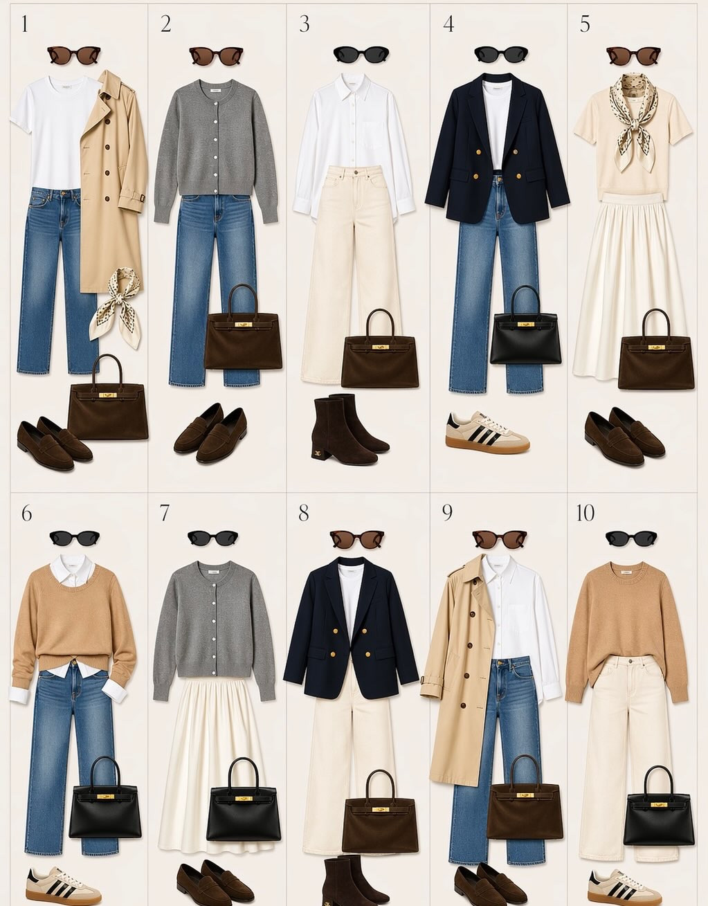 Put a blank Packing Sudoku template on the last picture for you! 3 tops, 3 bottoms, 3 layers- mixing neutrals and basic pieces can make up to 27 outfit combinations with this method. 

Trench- 12/42
White button down- 12
Straight leg jeans- 12P
Wide leg jeans- 12P
White T-Shirt- large
Blazer- large
White jeans- 12/44
Belt-95
White skirt- 10/42
Gray cardigan- large
Camel sweater- large

Would you try it? Save this post for your next trip and comment TRIP below for links to the items I packed!

#travelpacking #springoutfitideas #midsizestyle #packingforvacation #packingtips