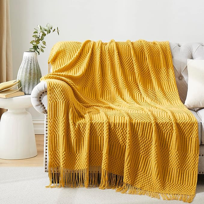 Mustard Yellow Knitted Throw Blankets for Couch, Bedroom and Officeroom,Textured Fade Resistant S... | Amazon (US)