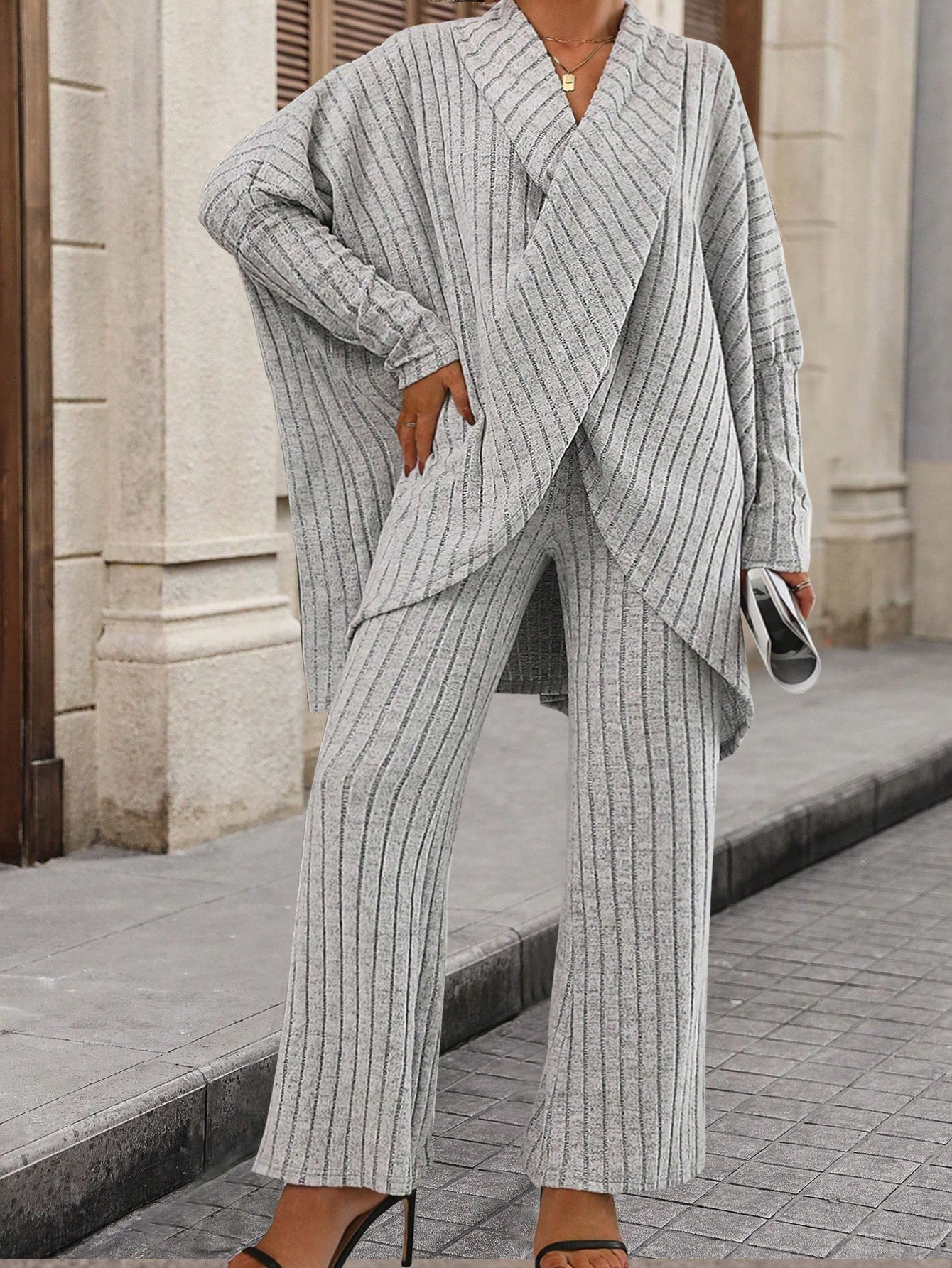 Plus Ribbed Knit Batwing Sleeve Wrap Cross Top & Pants | SHEIN