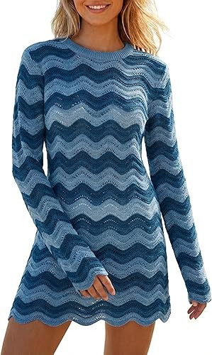 Women's Crochet Colorful Mesh Summer Long Sleeve Cover Ups Casual Striped Beach Wear Knit Mini Dr... | Amazon (US)