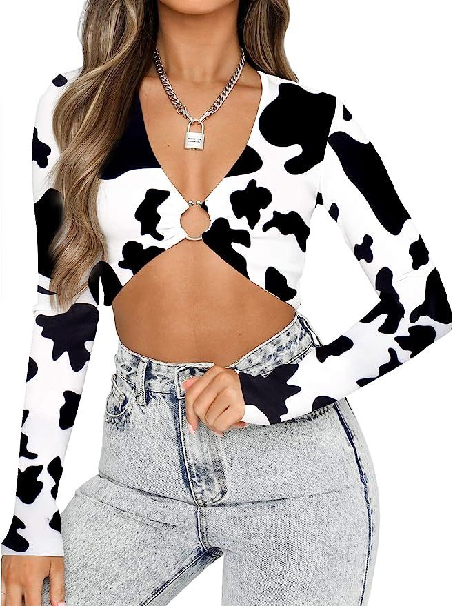 JECEIKA Women's Cow Print Crop Tops for Women Sexy Long Sleeve Plunging Neckline Corset Y2k Top w... | Amazon (US)