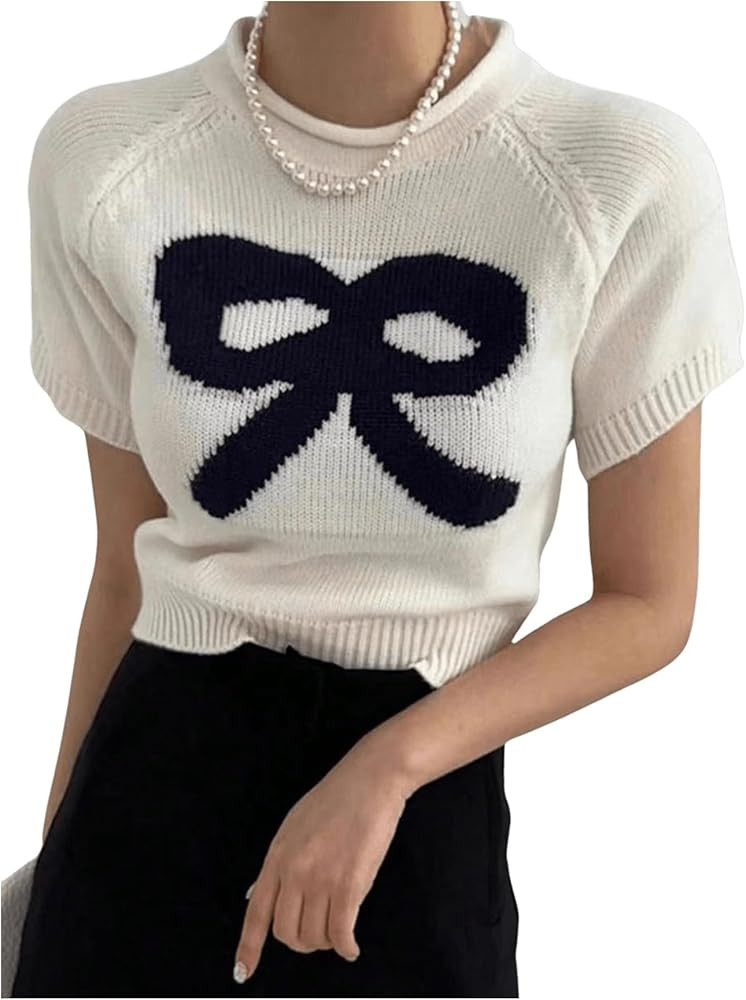 OYOANGLE Women's Bow Printed Pullover Sweaters Crew Neck Short Sleeve Ribbed Knit Casual Crop Top... | Amazon (US)
