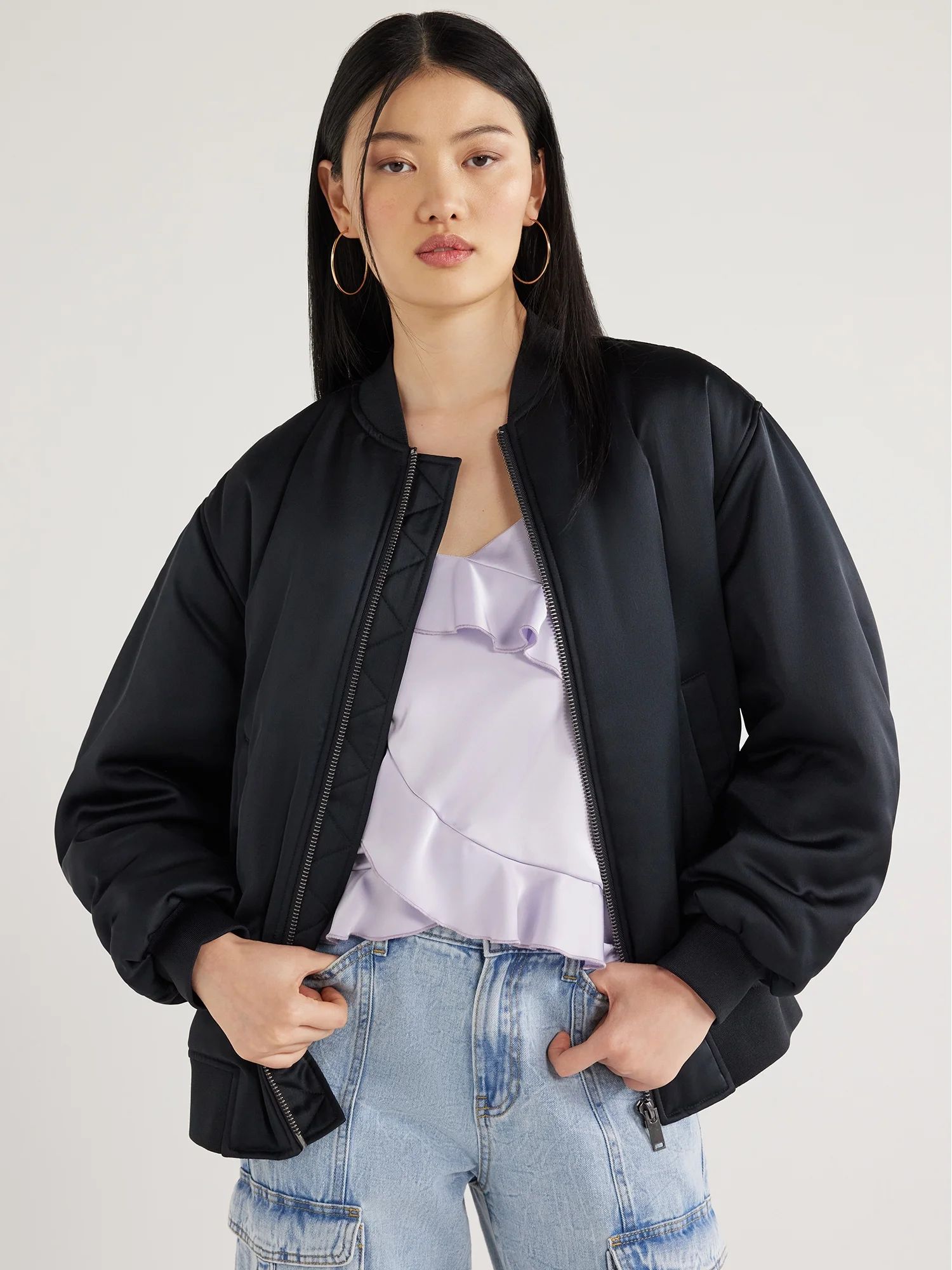 Scoop Women's Oversized Satin Bomber Jacket with Rouched Sleeves, Sizes XS-XXL - Walmart.com | Walmart (US)