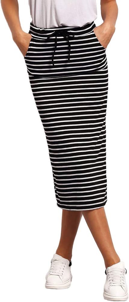 SheIn Women's Striped Drawstring Bodycon Skirt Mid Waist Elastic Long Pencil Skirt | Amazon (US)