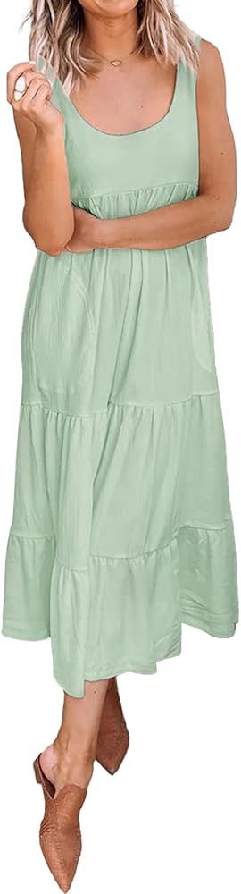 BTFBM Women Sleeveless Scoop Neck Casual Dresses Loose Soft Pleated Flowy Swing Summer Beach Maxi Ta | Amazon (US)
