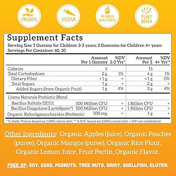Llama Naturals Real Fruit Prebiotic & Probiotic Kids Gummies, No Added Sugar Cane, Vegan Organic ... | Amazon (US)