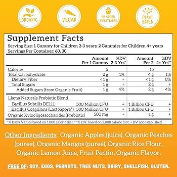 Llama Naturals Real Fruit Prebiotic & Probiotic Kids Gummies, No Added Sugar Cane, Vegan Organic ... | Amazon (US)
