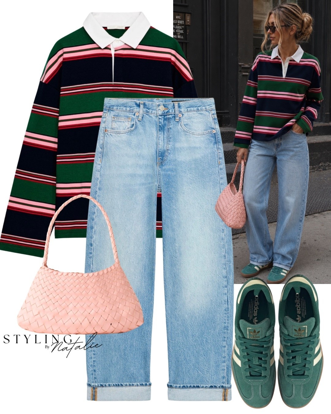 Colour block stripe long sleeve polo top. Barrel leg jeans with turn up hem, green Adidas samba trainers and pink woven tote bag. 
Rugby top, Zara, denim, sneakers, transitional style, cool girl style, street style, casual elevated style, autumn, early fall fashion @Zara

#LTKuk #LTKautumn #LTKeurope