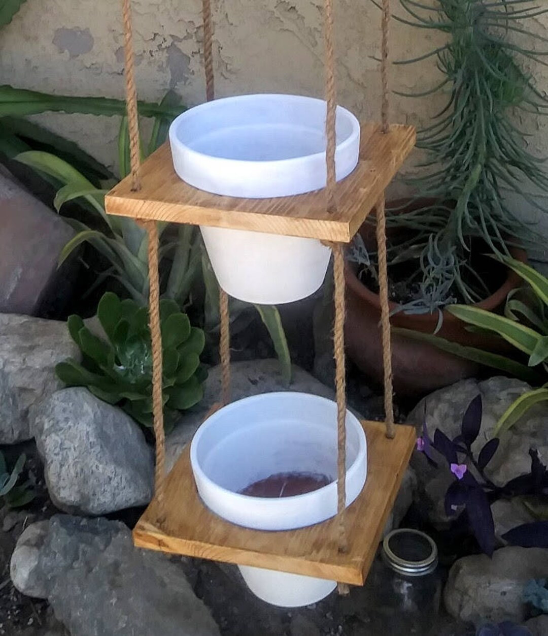 Multi tier Rustic Wood and Rope plant hanger - Twine hanging multilevel plant pot holder | Etsy (US)