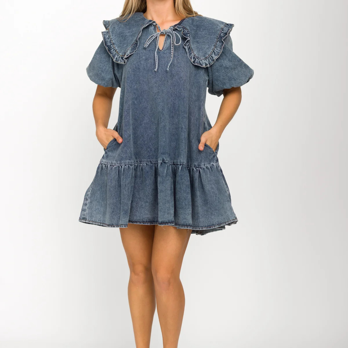 Cecile Denim Mini Dress with Collar in Medium Wash | Worth Collective