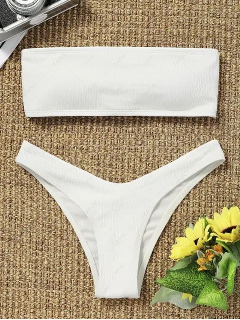 High Cut Ribbed Bandeau Bikini Set - White S | ZAFUL (Global)