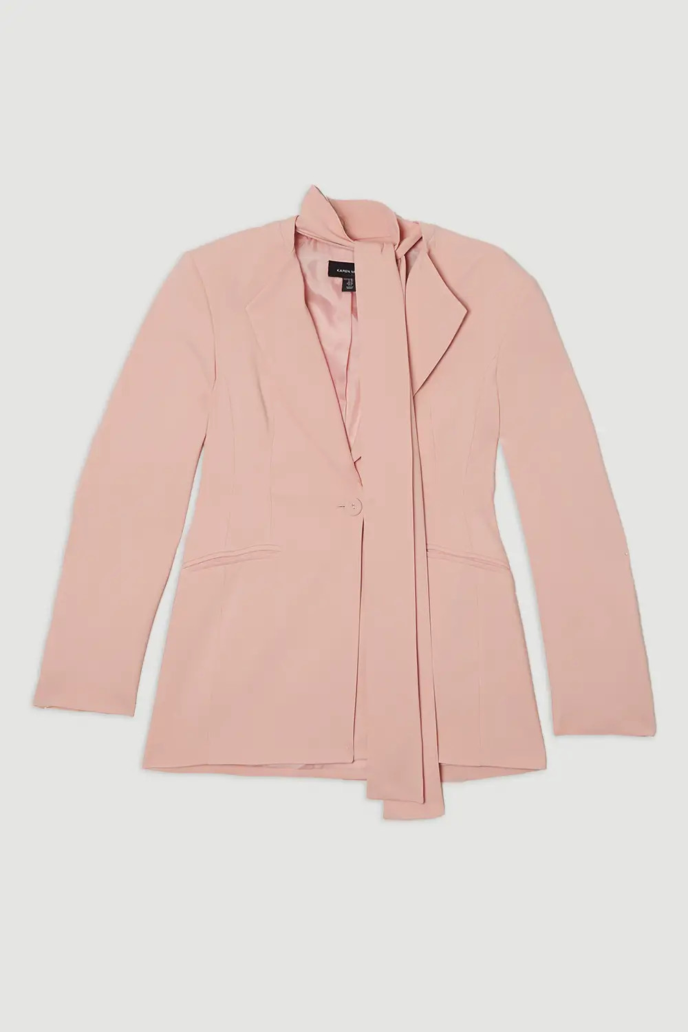 Pink KarenMillen Compact Stretch Viscose Tie Neck Tailored Blazer | Boohoo | Boohoo.com (UK & IE)