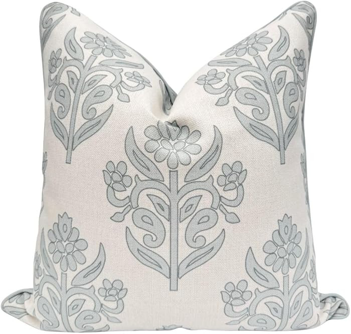 “The Naples” Floral Block Print Pillow Cover – Grey and White Blue Decorative Throw Pillow ... | Amazon (US)