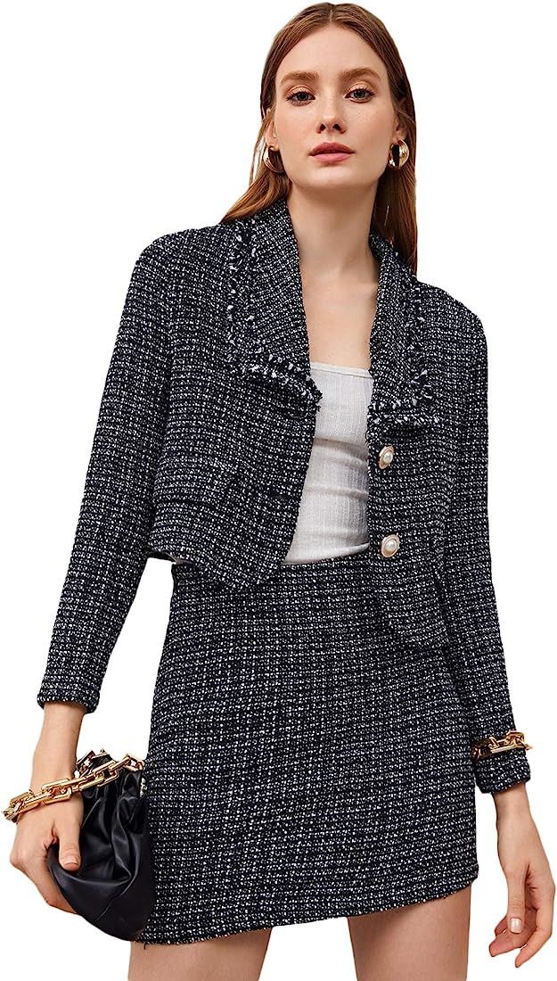 SweatyRocks Women's Business Suit 2 Pieces Tweed Blazer Jacket Coat and Skirt Set | Amazon (US)