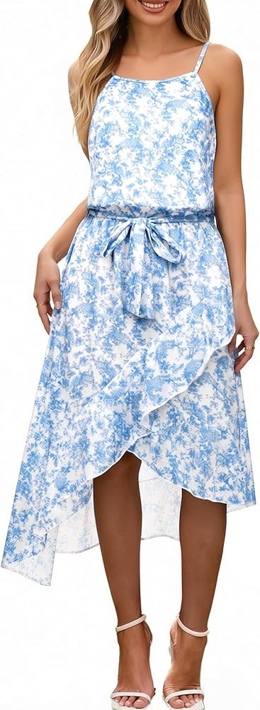 ECOWISH Polka Dot Women Summer Dresses Casual Midi A Line Ruffle High Low Sleeveless Boho Floral ... | Amazon (US)