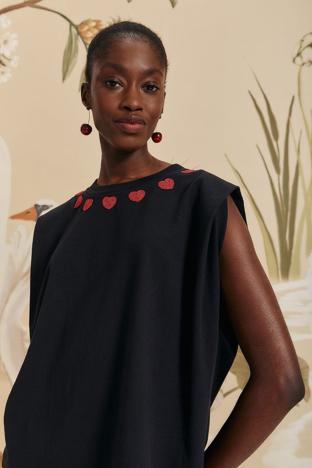 Black Beaded Hearts T-Shirt | FarmRio (US)