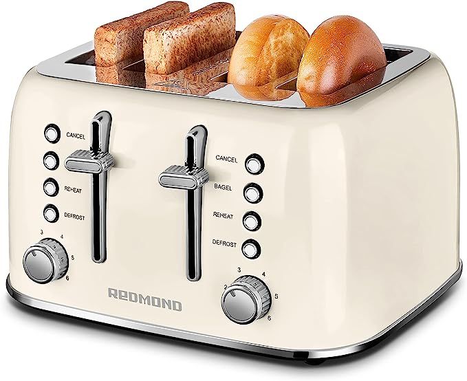 REDMOND Toaster 4 Slice, Retro Stainless Steel Toaster with Extra Wide Slots Bagel, Defrost, Rehe... | Amazon (US)