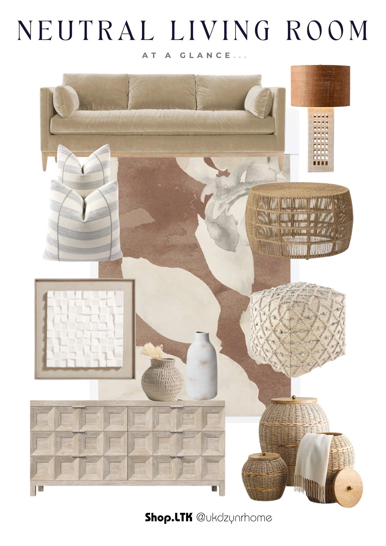 Home Refresh Neutral Living Room at a Glance | Patterned Wallpaper | Sofa | Rattan Ceramic Table Lamp | Ottoman | Decorative Pillows | Woven Storage  Baskets | Vases | Rattan Coffee Table 

#LTKHome