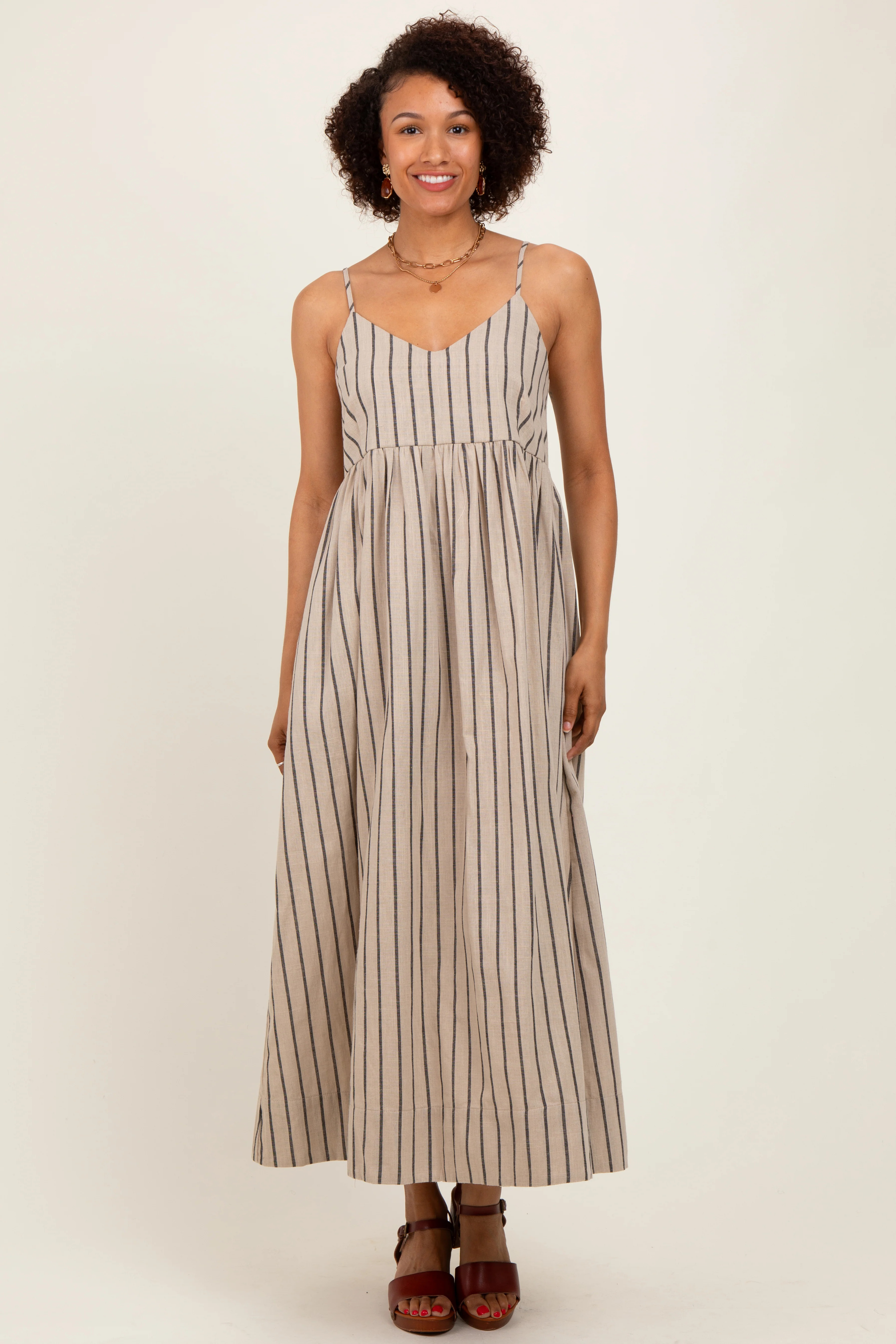 Beige Striped Linen Blend Maxi Dress | PinkBlush Maternity
