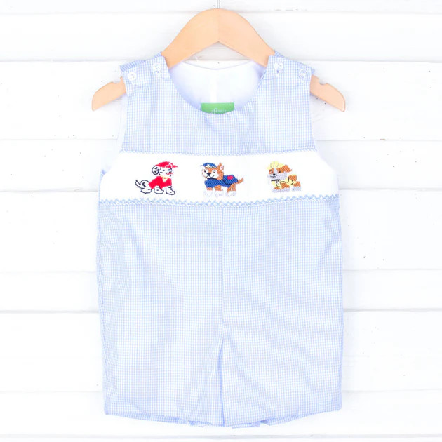 Puppy Patrol Blue Gingham Smocked Jon Jon | Classic Whimsy
