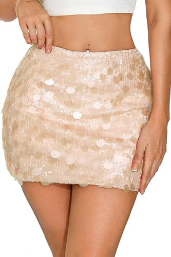 GUANYY Mini Sequin Skirt for Women Sexy Stretchy Pencil Bodycon Night Out Party Club Sparkly Skirts Apricot Small | Amazon (US)