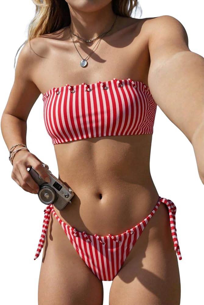 Verdusa Women's 2 Piece Striped Bandeau Bikini Set Lace Up Cheeky Swimsuits | Amazon (US)