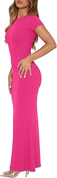 REORIA Women's Basic Summer Casual Lounge Long Dress Elegant Short Sleeve Crew Neck Bodycon Maxi ... | Amazon (US)