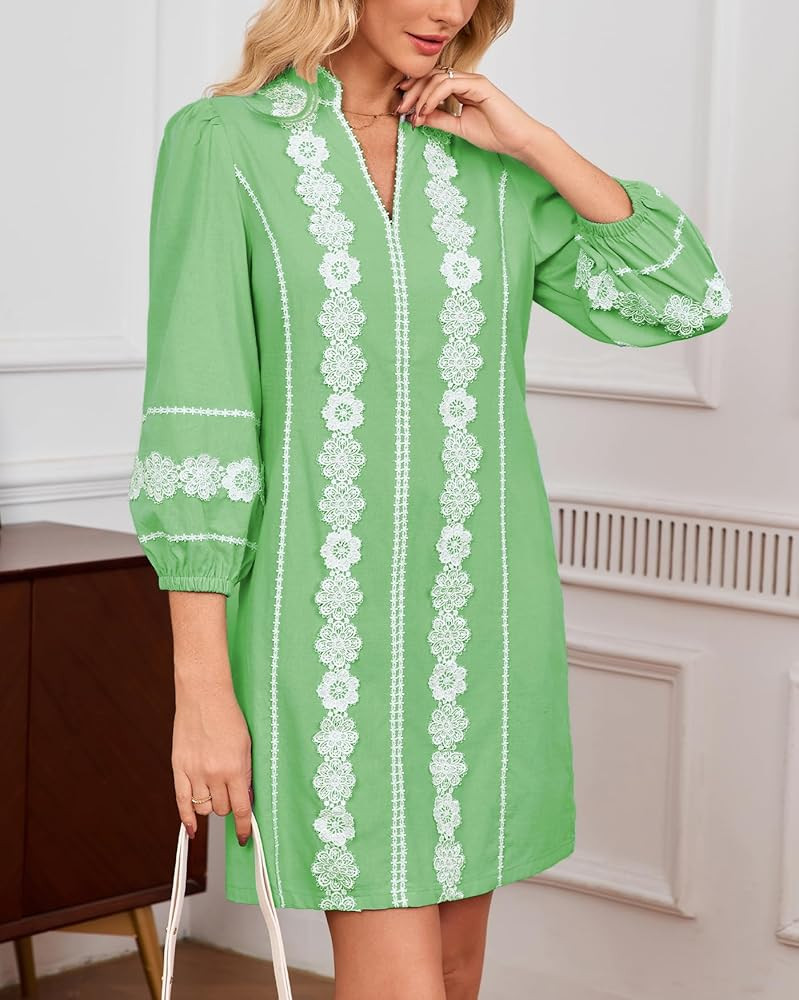 Women's Lace Floral Tunic Dress 3/4 Puff Sleeve V Neck 3D Embroidered Mini Dress | Amazon (US)