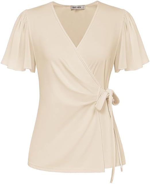 GRACE KARIN 2024 Womens Summer Short Sleeve Tops Dressy Casual Chiffon V-Neck Wrap Business Work ... | Amazon (US)