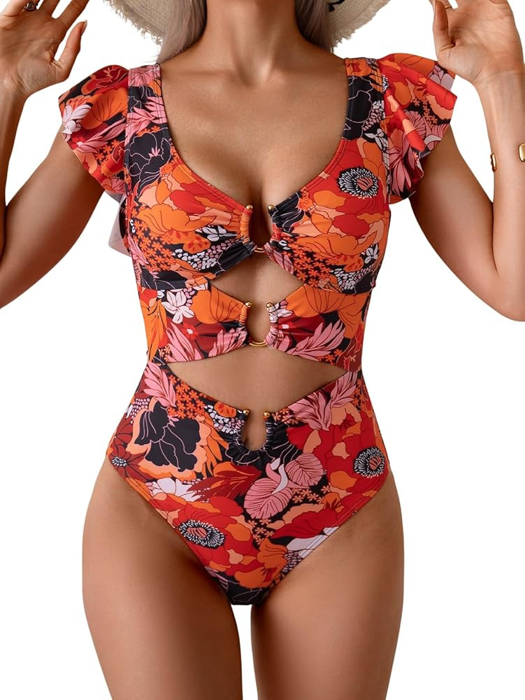 B2prity Women's One Piece Swimsuit Ruffle Sleeve Cut Out Bathing Suit Tie Back High Waisted Swim ... | Amazon (US)