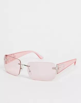 ASOS DESIGN rimless square sunglasses with embellished temple detail in pink | ASOS (Global)