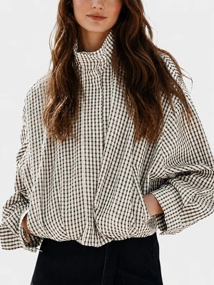 SwanSway Gingham Cropped Zip-Up Jacket - Beige / S | Shop.com