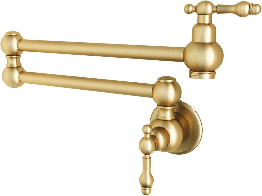 Pot Filler Faucet Brushed Gold Wall Mount Over Stove Faucet, Commercial Brass Pot Filler Faucet Gold, Double Joint Swing Arms, Single Hole Two Handles Folding Kitchen Faucet | Amazon (US)