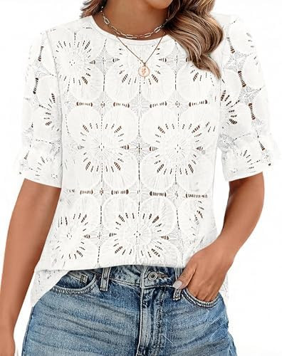 KIRUNDO Lace Tops for Women Blouses Dressy Casual Boho Eyelet Puff Short Sleeve Shirts Spring Sum... | Amazon (US)