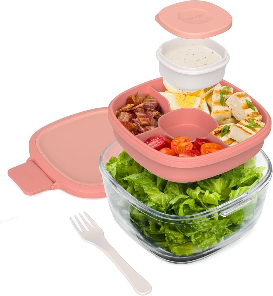 Bentgo Glass All-in-One Salad Container - Large 61-oz Salad Bowl with Lid, 4-Compartment Bento-St... | Amazon (US)