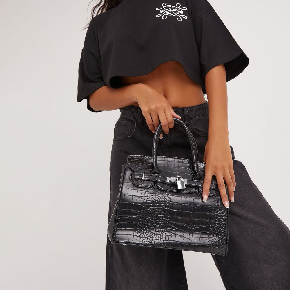 Oak Padlock Detail Top Handle Tote Shopper Bag In Black Croc Print Faux Leather | EGO (UK)