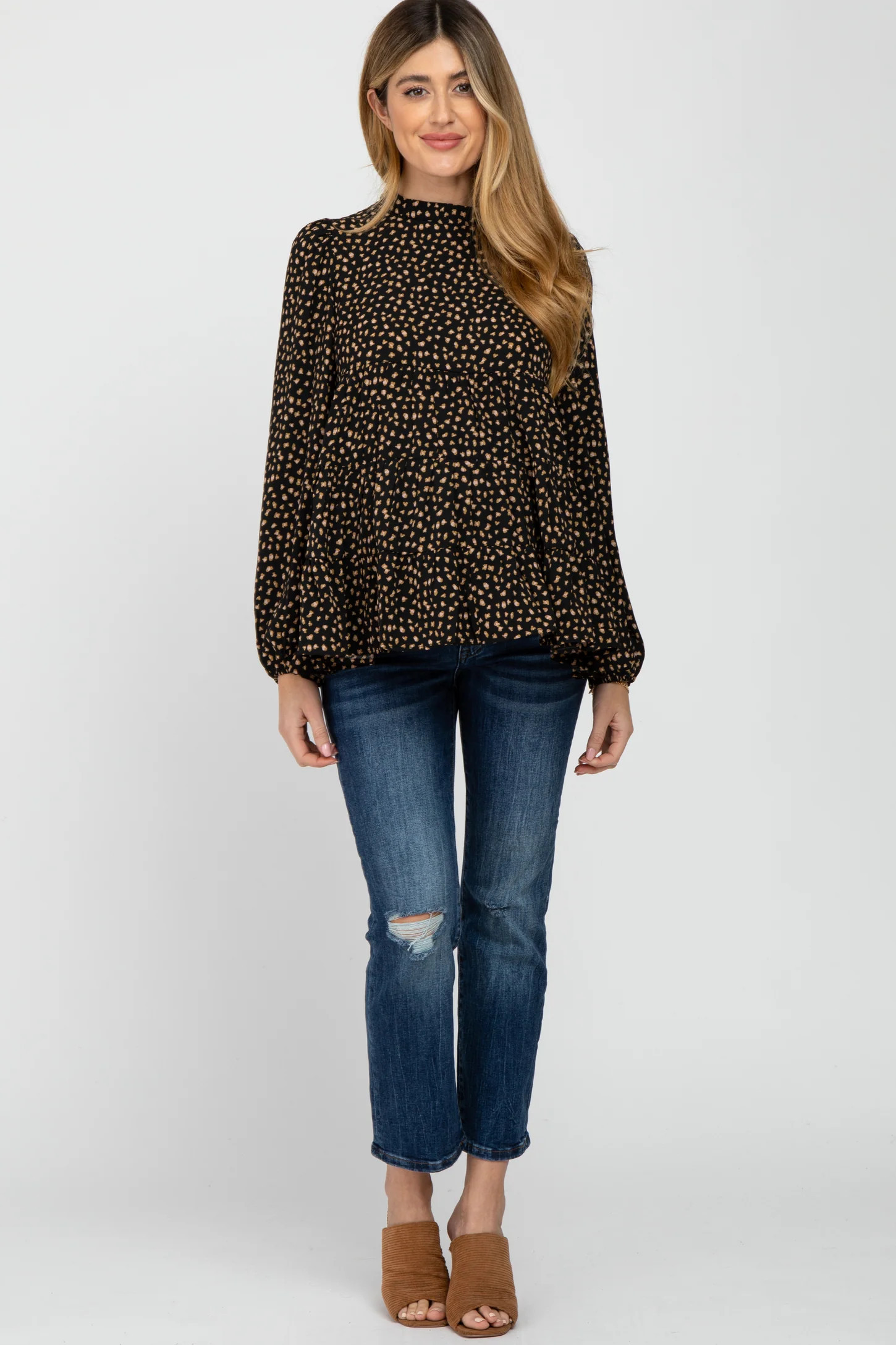 Black Animal Print Mock Neck Tiered Maternity Top | PinkBlush Maternity